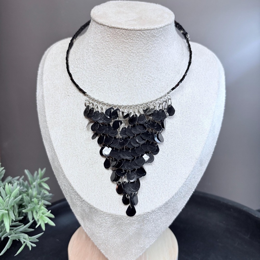 Vintage Black Sequin Bib Necklace | Gothic Witchy Statement‎ Collar | Dark Boho